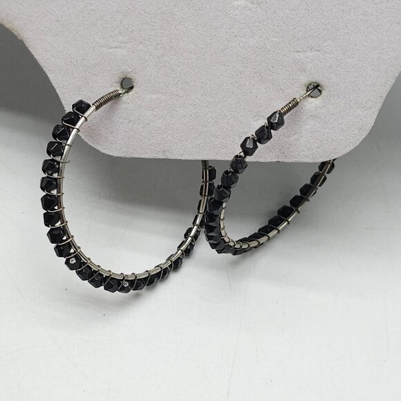 Black Beaded Hoop Earrings With Silver Accents 2 in - Picture 3 of 4